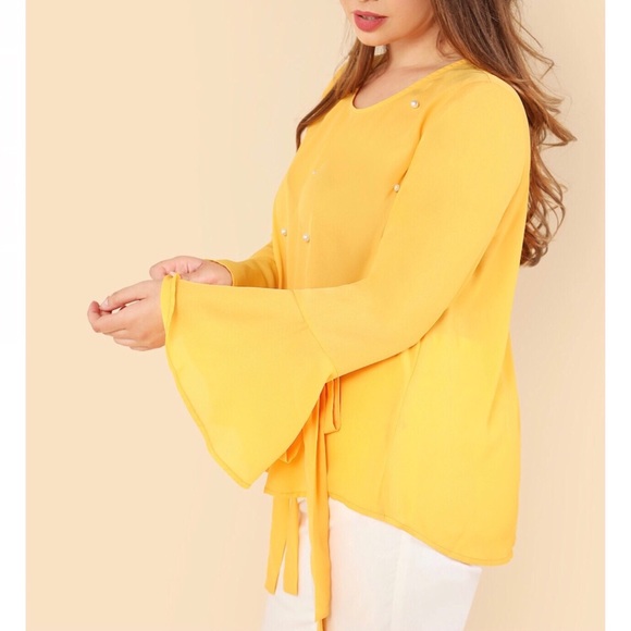 Plus Size Yellow Blouse With Pearls - Picture 5 of 7